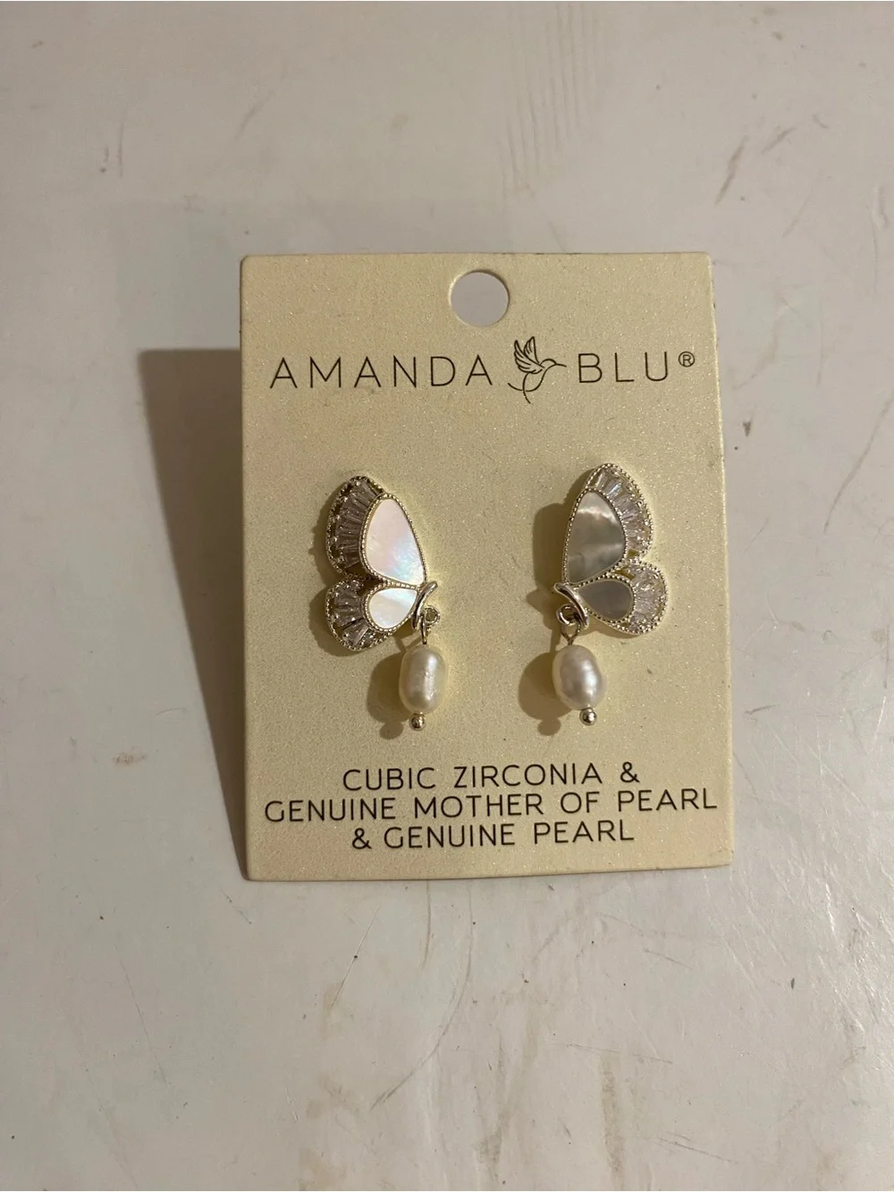 Amanda Blu Cubic Zirconia & Genuine Mother of Pearl Butterfly Post Earrings (RR) - Picture 6 of 7